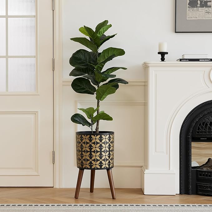 10 Inch Plant Pot with Stand, Planter for Indoor Plant Mid-Century with Drainage Holes for Outdoor,Black and Gold