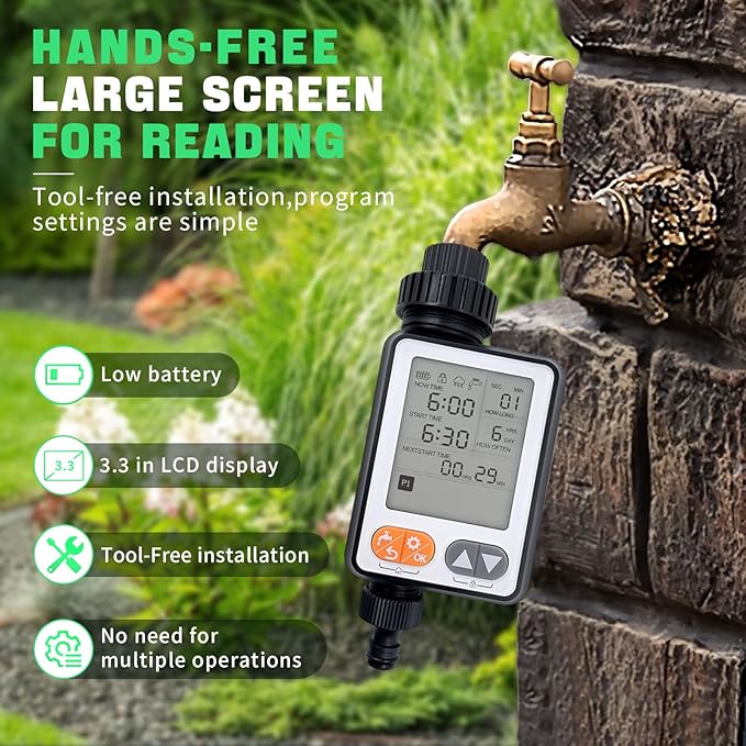 Sprinkler Timer for Garden Hose, 10 Programmable Water Timer with with Auto Rain Delay, IP54 Waterproof 3.3“ Large LCD Drip Irrigation System Timers for Plant, Yard, Lawns, Outdoor