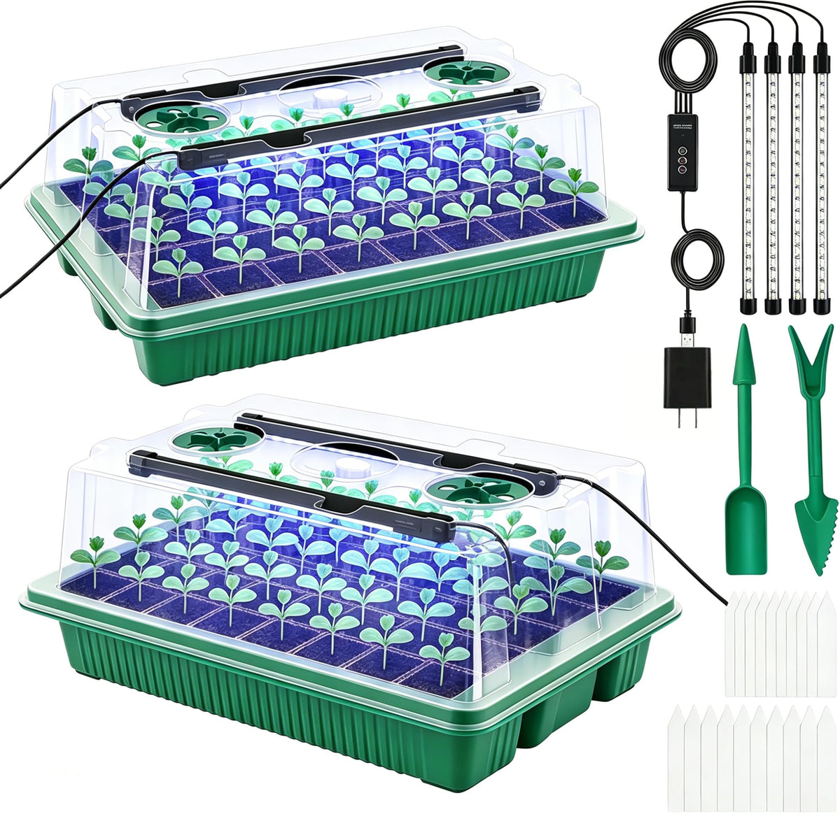 Seed Starter Tray with Timed Grow Light, 2 Pack 80 Cells Plant Starter Tray Seedling Starter Kit with Humidity Domes Base Indoor Mini Greenhouse Plant Germination Trays for Seeds Growing Starting