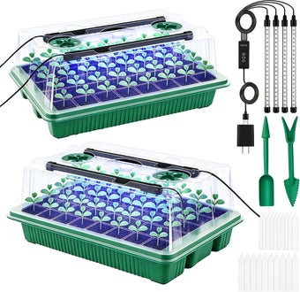 Seed Starter Tray with Timed Grow Light, 2 Pack 80 Cells Plant Starter Tray Seedling Starter Kit with Humidity Domes Base Indoor Mini Greenhouse Plant Germination Trays for Seeds Growing Starting