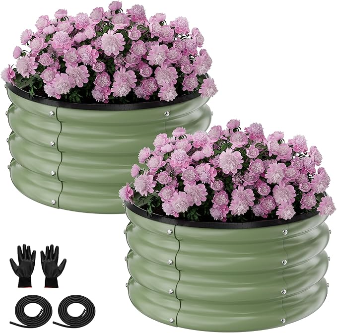 Round Galvanized Raised Garden Bed Kit, 2 Pcs 2 x 2 x 1ft Forest Green Galvanized Garden Boxes, Outdoor for Vegetables