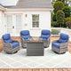 Luxury High Back Patio Furniture Set with Fire Pit Table and 6-Inch Thick Cushions, 5-Pieces Outdoor Furniture 4 Swivel Chairs, Wicker Conversation Set for Porch, Balcony, Deck and Yard, Grey/Blue