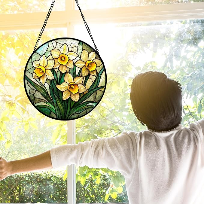 DASTOLL Stained Glass Window Hanging, Daffodil Plant Flowers Sun Catchers Diamond Glass Panel Hangings Suncatcher Decor for Birthday for Women, Men, Wife, Aunt, and Mom 6.3 in