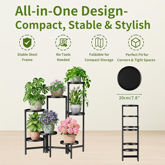 NQW 8 Tiered Plant Stand Indoor for Multiple Large Planter, Tall Heavy Duty Adjustable Folding Rack with Rustproof 7.9 Inch Wide Tray, Plant Shelf for Corner Living Room - BlackDisk