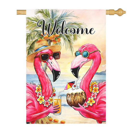 Dacawin Welcome Garden Flag Flamingo Tropical Beach Scene Yard Flags Summer Coastal Island Double Sided Polyester Pink Flamingo House Flags for Lawn Pool Palm Tree Seaside Home Decor 28 x 40 Inch