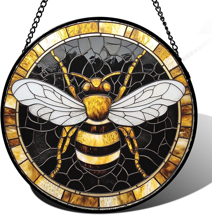 AMDERVEN Stained Glass Window Hanging - Black Gold Bee White Wings Sun Catcher for Door Home Decor Insect Suncatcher Christmas Mother's Day Birthday Gifts for Women Men Lovers Mom Nana 11.8 in