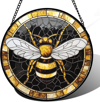 AMDERVEN Stained Glass Window Hanging - Black Gold Bee White Wings Sun Catcher for Door Home Decor Insect Suncatcher Christmas Mother's Day Birthday Gifts for Women Men Lovers Mom Nana 7.8 in
