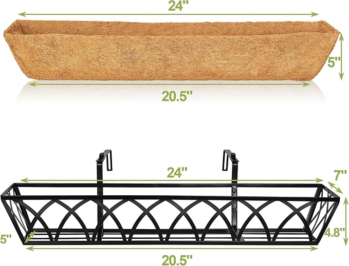 HFHOME 24 inch Window Deck Rail Planter Including Coco Liner, 24" Dia Window Box Horse Trough with Coconut Coir Liners, Black Metal Hanging Flower Planter Basket for Indoor Outdoor Lawn - Set of 2