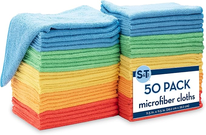 S&T INC. 50 Pack Microfiber Cleaning Cloth, Bulk Towels for Home, Reusable Microfiber Towels for Cars, Cleaning Rags, Assorted, 11.5 Inches x 11.5 Inches, 50 Count