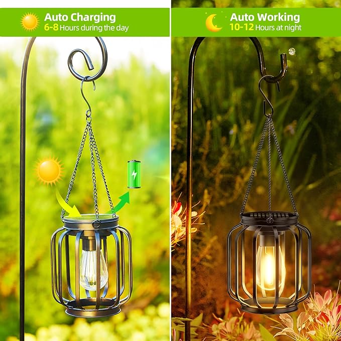 Solar Hanging Lanterns Outdoor Waterproof: 4 Pack Metal Solar-Powered Lights with Hook, Bright Warm Lantern Decor for Outside, Classic Outdoor Lighting for Yard Garden Patio Porch Balcony Decorations