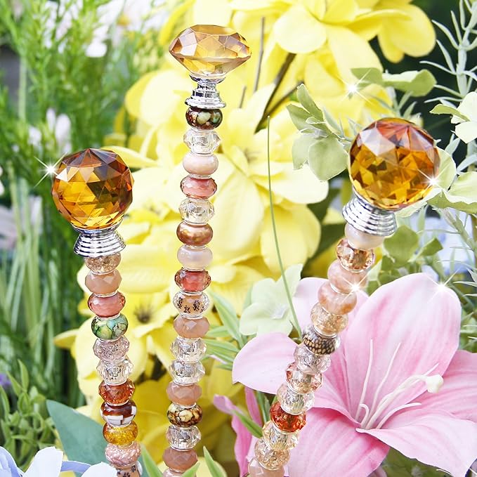119 Pcs Garden Stake Diy Fairy Wand Plant Stake with Champagne Large Hole Beads Crystal Diamond Stopper Top 4 Stainless Steel Threaded Rod Beaded Garden Stakes For Outdoor Indoor Yard Patio Decoration