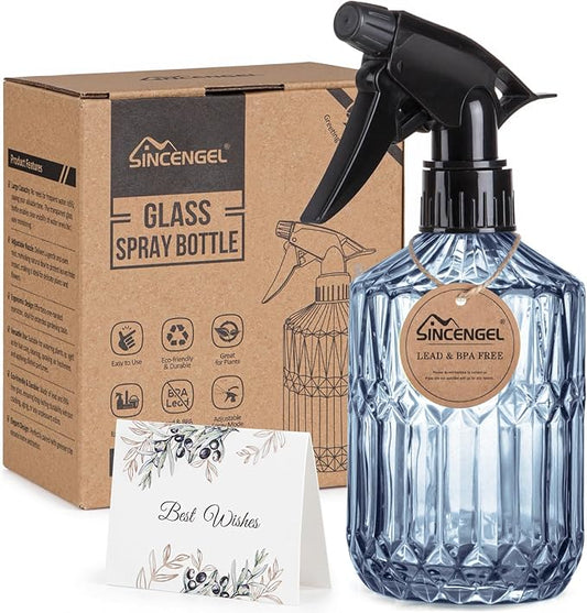 Glass Plant Mister Spray Bottle, 13.5 oz Refillable Plant Misters for Inside, Pretty Glass Spray Bottles for Cleaning, Hair, Cat, Succulent, Houseplant with Adjustable Mist Nozzle (Blue)