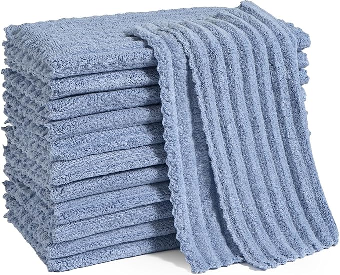 Kitchen Dish Cloths,Super Absorbent Coral Velvet Dish Towels,Quick Drying Kitchen Towels No Lint Dish Rags,Reusable Household Microfiber Cleaning Cloth,12X12 inches (12 Pack,Navy Blue Streak)