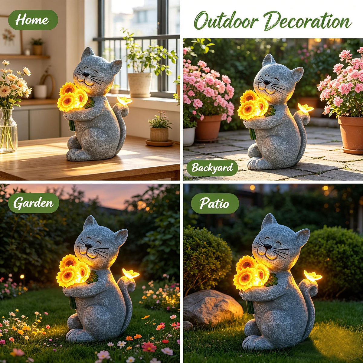 Solar Cat Garden Statue with Sunflowers - LED Light Up Outdoor Resin Cat Figurine with Butterfly, Waterproof Decor for Yard Patio Lawn, Unique Housewarming Birthday Gift for Mom Grandma Dad Cat Lovers