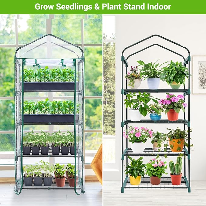 Mini Greenhouse for Outdoors Indoor: Ohuhu Small Green House with 4 Tier Shelves, Portable Plastic Greenhouses with Heavy Duty Transparent PVC Cover for Winter Garden Patio Backyard Porch Balcony