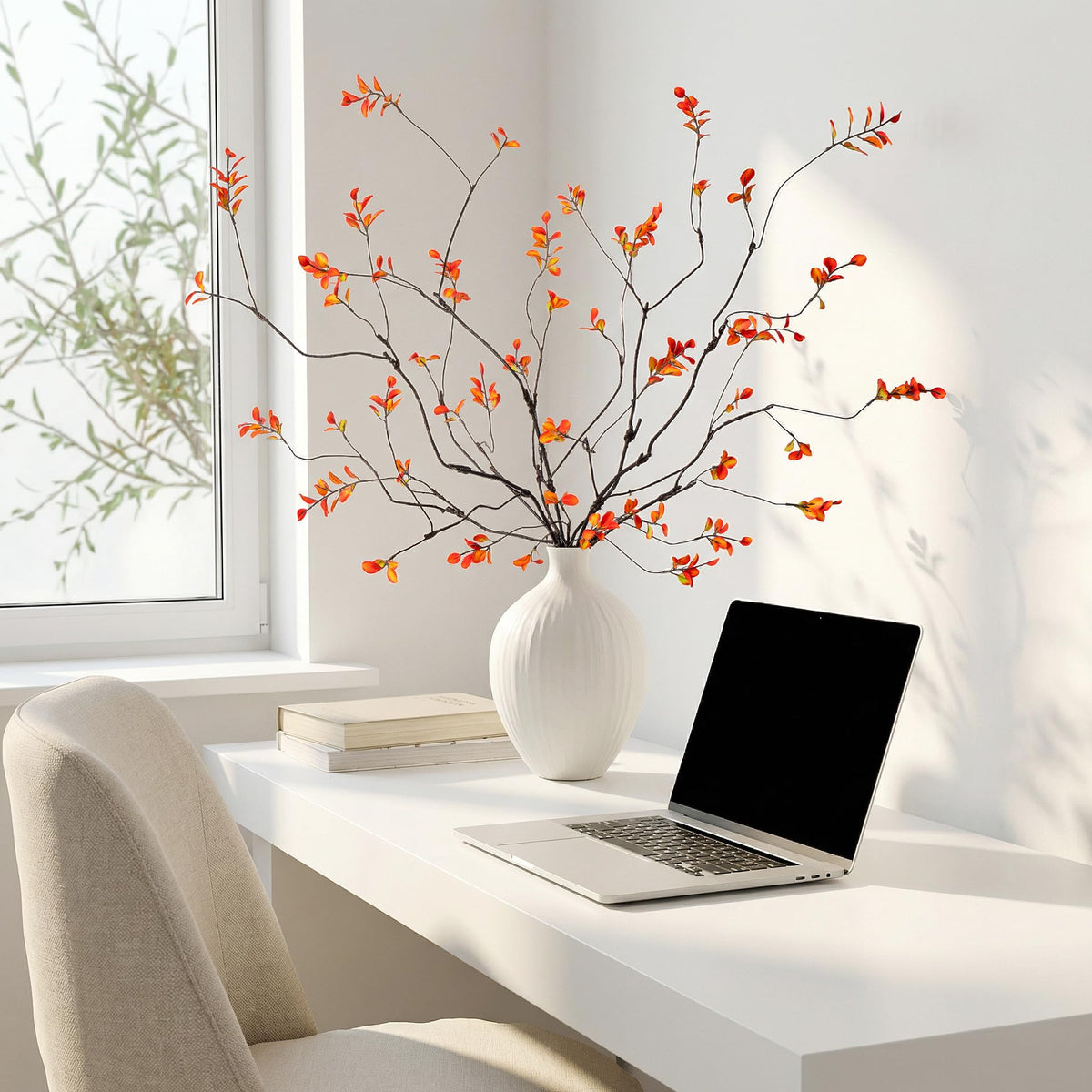 Ttranewsoo 4 Pcs Tall Fall Branches for Floor Vase, 47.2 Inch Artificial Ficus Branches, Faux Eucalyptus Stems and Fall Greenery Stems for Autumn Home Decor, Orange, Vase Not Included