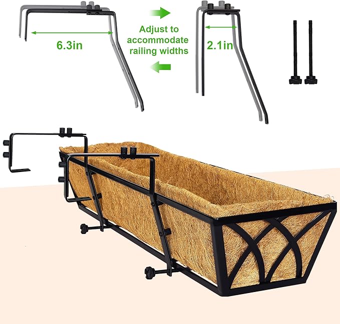 HFHOME 24 inch Window Deck Rail Planter Including Coco Liner, 24" Dia Window Box Horse Trough with Coconut Coir Liners, Black Metal Hanging Flower Planter Basket for Indoor Outdoor Lawn - Set of 2