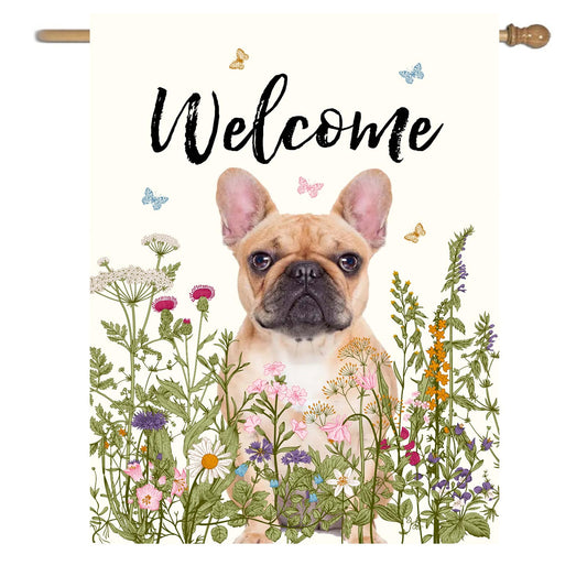 Floral French Bulldog Garden Flag Spring Summer House Flags 28 x 40 Double Sided Flower Dog Yard Flags for Outside Large Outdoor Welcome Flags