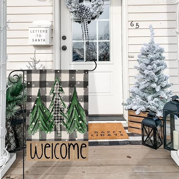 Welcome Christmas Trees Winter Garden Flag 12 x 18 Inch Vertical Double Sided Buffalo Plaid Holiday Yard Outside Xmas Décor