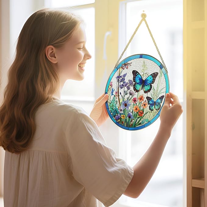 Stained Glass Window Hanging, 8 Inch Butterfly Sun Catchers Indoor Window, Suncatchers for Windows Hanging, Home Decoration and Christmas, Festival, Mother's Day, Birthday, Gifts for Women, Mom