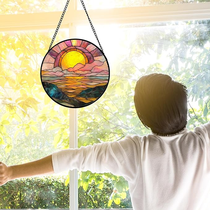 DASTOLL Stained Glass Window Hanging, Sunrise Over The Sea Suncatcher Diamond Glass Panel Hangings Abstract Sun Catchers Decor for Birthday for Women, Men, Wife, Aunt, and Mom 6.3 in