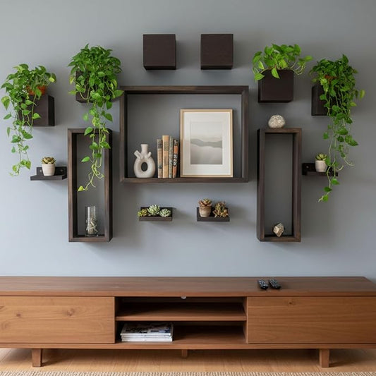 LaLaGreen Wall Planters for Indoor Plants (13-Piece Set) Small Wall-Mounted Vertical Plant Holder, Large Wooden Floating Shelves Decorative Wood Display for Kitchen, Bathroom, Living Room, Home Decor