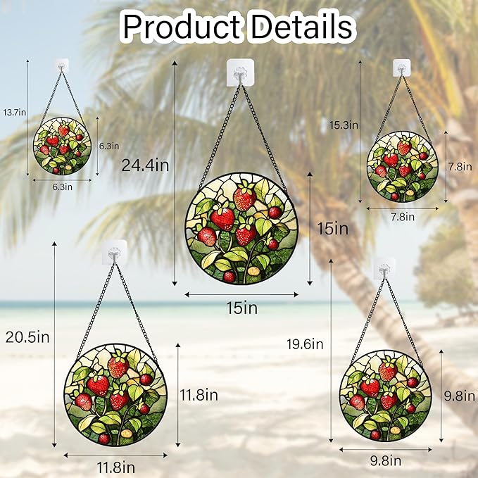 HWRHTR Stained Glass Window Hanging - Red Strawberry Suncatcher for Doors Window Home Green Plant Sun Catchers Decor Christmas Mother's Day Birthday Gifts for Teacher Women Men Mom Nana 6.3 in
