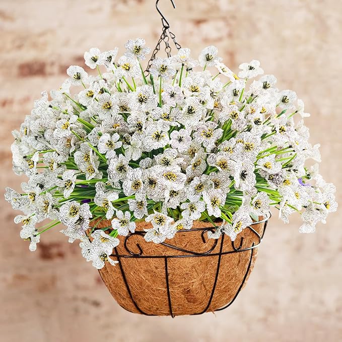 Uieke 72 Bundles Outdoor Artificial Flowers UV Resistant Outdoor Fake Flowers No Fade Faux Plastic Plants for Garden Porch Window Box Home Outside Spring Summer Décor (White)