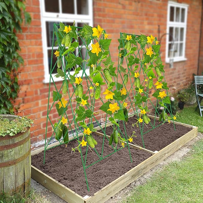 DoCred Cucumber Trellis, 2 Pack Metal Foldable A Frame Garden Trellis for Raised Bed Climbing Plants, Vegetables, Includes Plant Support Clips, Twist Ties, Plastic Ties, A Frame Trellis, Green