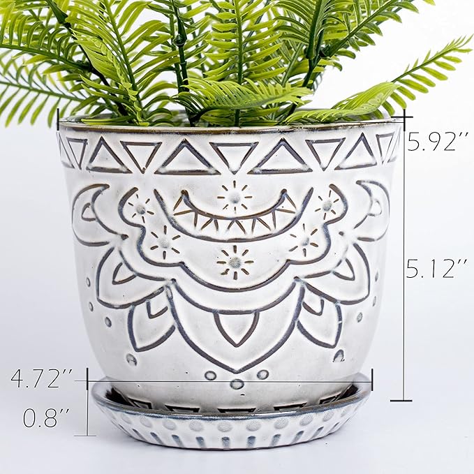 VanEnjoy 5.9 inch Round Bohemian Style Ceramic Planter, Geometry Engrave Off White Brown Succulent Planter Flower Pot, Indoor Outdoor Decorative Planter