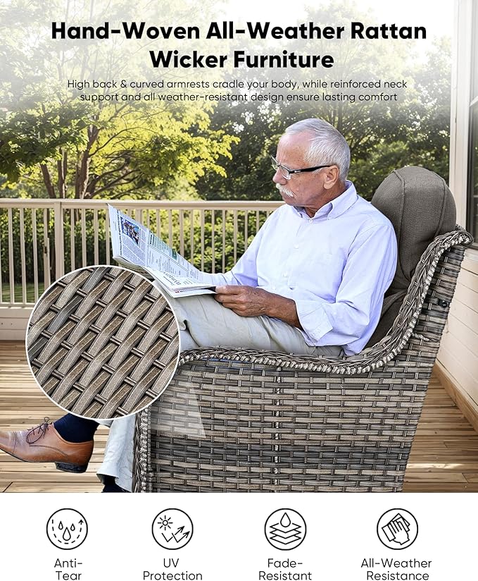 HUMMUH Luxury Patio Furniture Set 6-inch Thick Cushions High Back Swivel Rocker Chairs & 3 Seater-Couch & Steel Fire Pit Table 7 Pieces Outdoor Conversation Set for Porch,Deck,Backyard