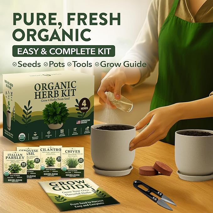 HOME GROWN Indoor Organic Herb Garden Kit, Unique Valentines Day Gift for Adults, Men, & Women,Grow 4 Herb Seeds for Kitchen Window Garden,Beginner DIY Hobby Gardening Gift for Plant Lovers, Mom & Dad