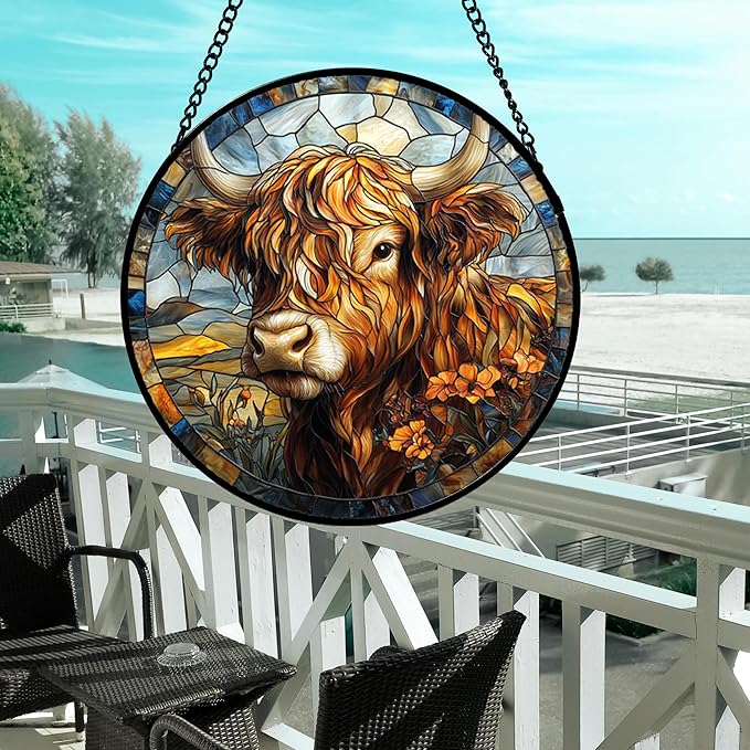 Stained Glass Window Hanging - Funny Cow Flower Suncatcher Ready to Hang Window Doors Home Decoration and Christmas, Mother's Day Birthday Gifts for Women, Men, and Mom 14.9x14.9 in