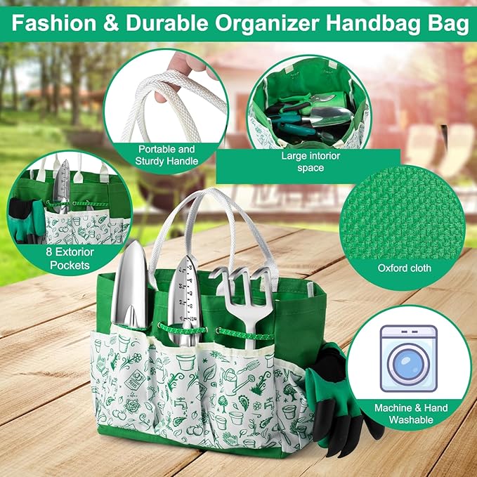Garden Tool Set for Women, 12pcs Heavy Duty Gardening Tools, Cute Gardening Supplies Gifts for Women Mom, Garden Hand Tools with Fashion Organizer Handbag, Garden Tools for Gardening, Planting, Green