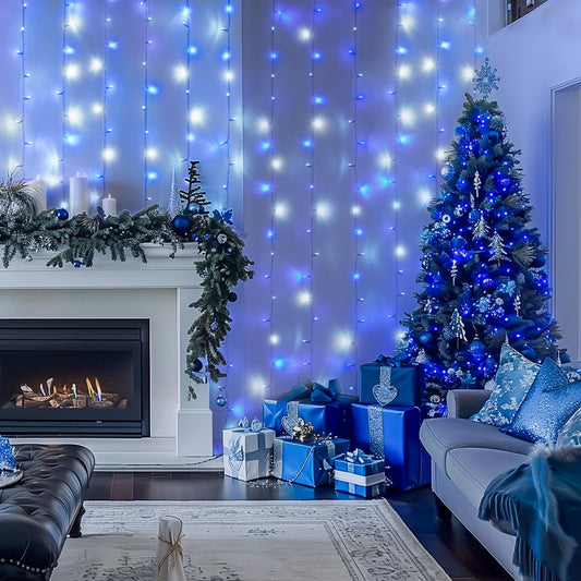 JMEXSUSS 300LED Christmas Curtain Lights Plug in, Blue and White, 9.8x9.8ft