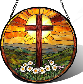 JOSUMALY Christian Gifts for Women - Cross Stained Glass Window Hanging Easter Daisy Natural Landscape Sun Catcher Garden Religion Decor Mother's Day Catholic Gift for Men Grandma Mom Her Nana 7.8"