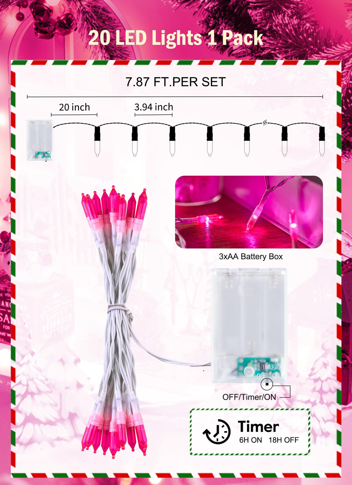 Brightown 8ft 20LED Battery Operated Christmas String Lights with Timer