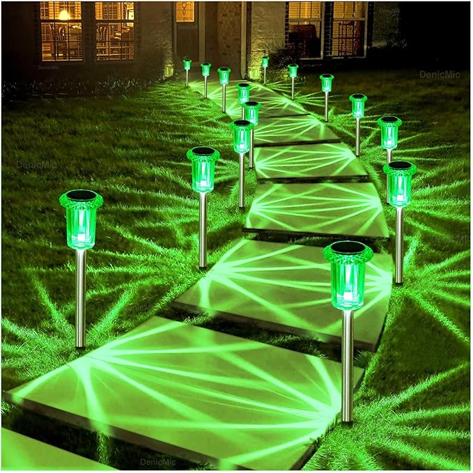 DenicMic St Patricks Day Decorations Solar Lights Outdoor 10 Pack Waterproof Green LED Stainless Steel Stake Outside Lights for Yard Pathway Garden Driveway Walkway Landscape Path Lighting