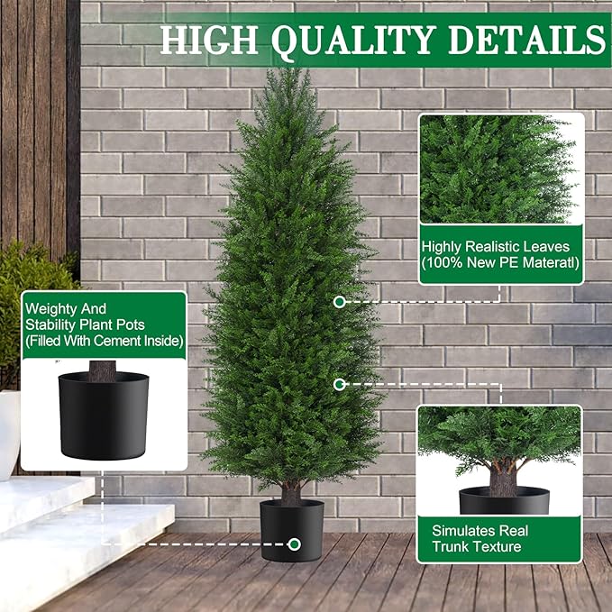 AOKIIE 4FT Artificial Topiary Cedar Plants Outdoor, Faux Pine Trees UV Resistant and Potted, 48 Inch Tall Fake Shrubs Evergreen for Front Porch Decor Set of 2