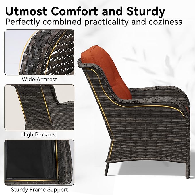 5 Piece Outdoor Wicker Patio Furniture Set, Patio Chairs Set with Thickened Olefin Cushions, High Back and Deep Seating, Hand-Woven PE Rattan, Ottoman for Porch, Deck