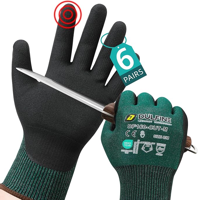 DULFINE ANSI A4 Cut Resistant Work Gloves for Men,6 Pairs Pack.Touchscreen Micro Nitrile Coated,Anti-Slip & Durable for Construction, Wood Cutting,Glass Factory Industrial Use(Small)