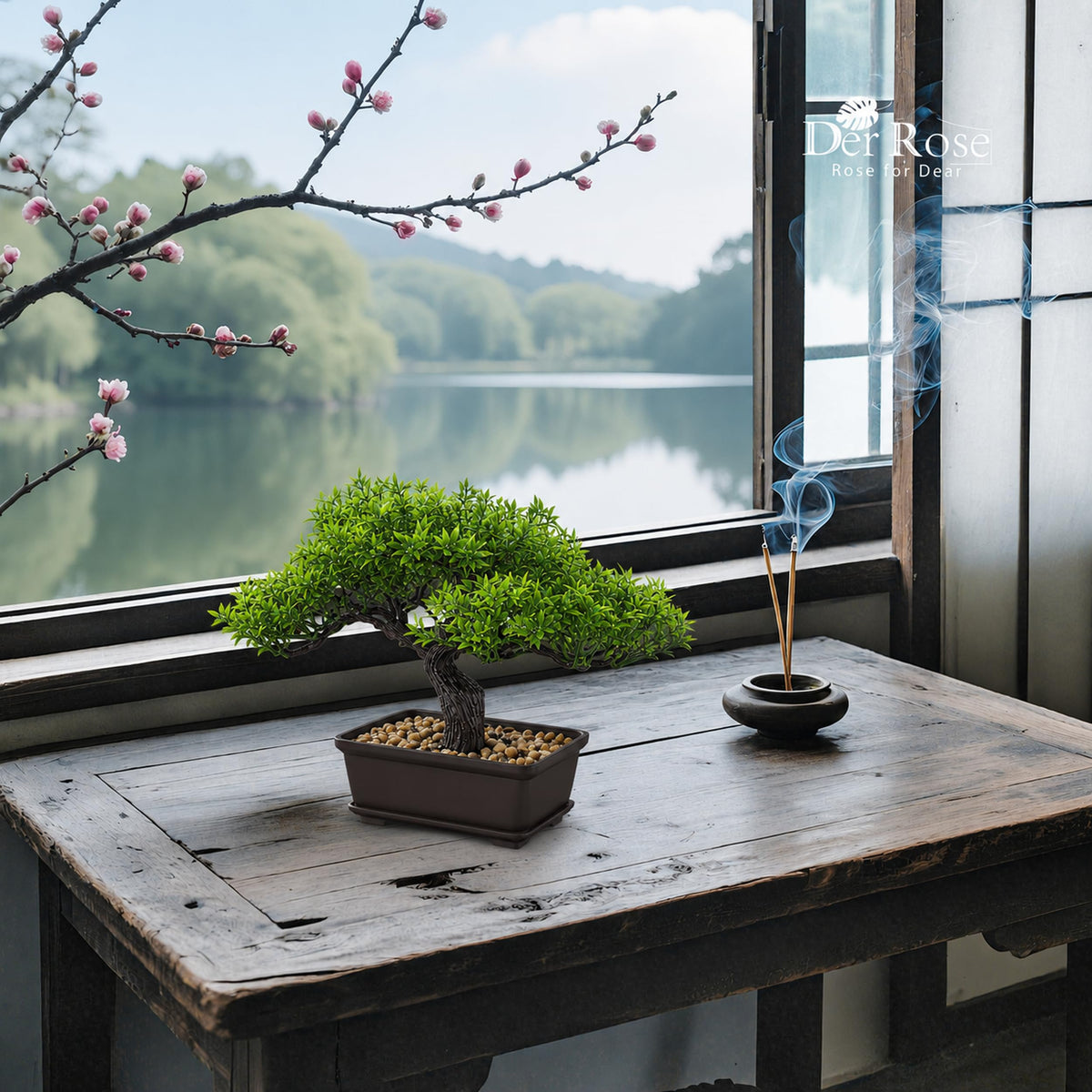 Der Rose Small Fake Bonsai Tree Ficus Decor Fake Plant for Shelf Desk Decor