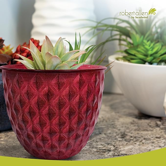 Headwind Glazed Ironstone Diamonte Collection – Crimson Red 8-Inch Decorative Plant Pot, Indoor & Outdoor, Vintage Diamond-Textured, Lightweight & Weather-Resistant for Garden Use by Robert Allen