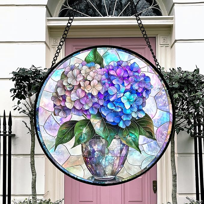 HWRHTR Stained Glass Window Hanging, Blue Purple Hydrangea Flowerpot Suncatcher for Doors Home Sun Catchers Decoration and Christmas, Mother's Day Birthday Gifts for Women, Men, and Mom 11.8 in