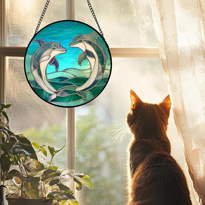 Stained Glass Window Hanging 4 Pcs Set Cyan Ocean Life Theme 7.8" - Sea Starfish Suncatcher Door Garden Sun Catcher Decor Birthday for Mom Woman Nana Men Friend