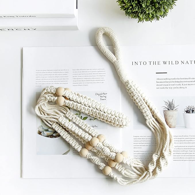Macrame Plant Hanger Indoor Hanging with Wood Beads Macrame Planters No Tassel for Indoor Outdoor Boho Home Decor 35 Inch (Ivory,2pcs)