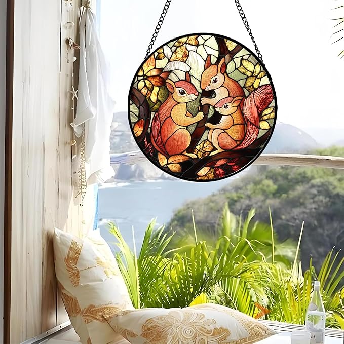 Stained Glass Window Hanging - 3 Cute Squirrels Suncatcher for Doors Garden Patio Sun Catchers Decor Christmas Mother's Day Teenager Birthday Gifts for Women Men Mom Nana Friend 11.8 in