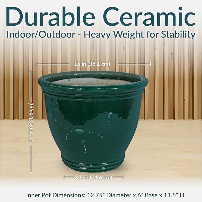 Sunnydaze Large Ceramic Plant Pot - Round Outdoor Glazed Ceramic Planter Pot with Drainage - Studio - Dark Green - 15"