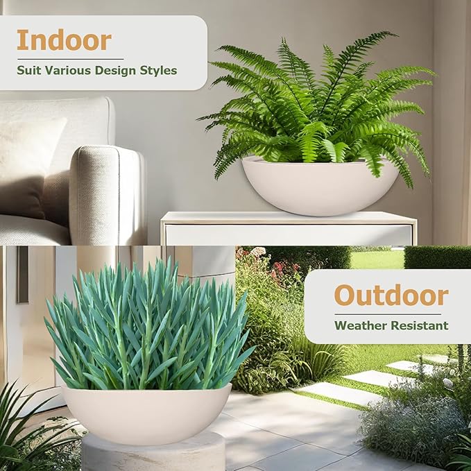 KUTE NEST 6.9" H x 19.7" D Round Bowl Fiberstone Planter for Succulent and Lotus with Drainage Hole, Smooth Finishes, Weather Resistant, Included 2 Extra Coco Mats (Kilim Beige, 17.9" Pot Opening)