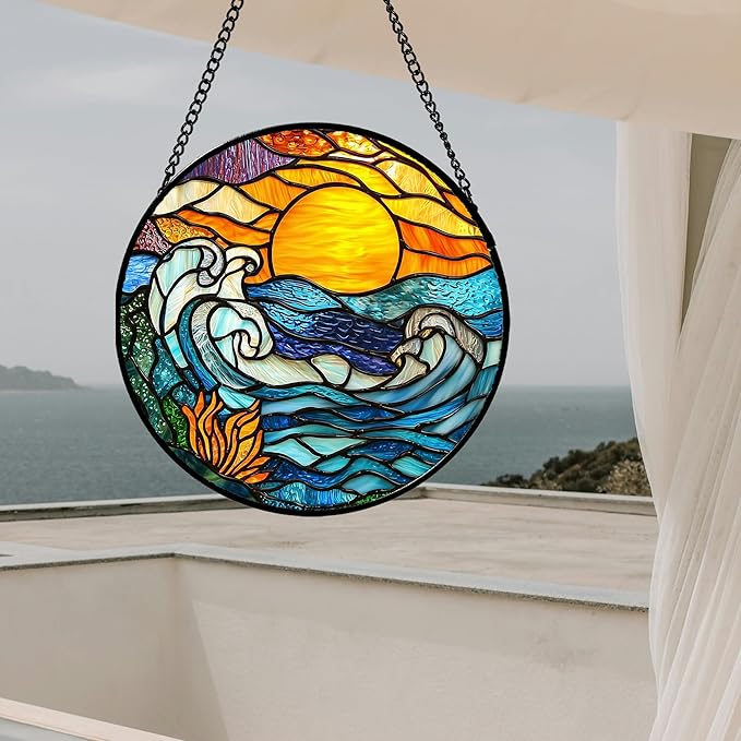 Stained Glass Window Hanging, Orange Sun Blue Sea Waves Landscape Suncatcher for Doors Window Home Sun Catchers Decor Mother's Day Birthday Gifts for Women, Men Mom 15 in